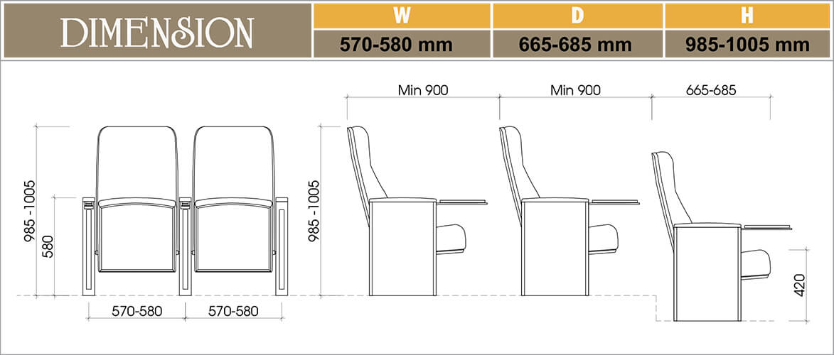 Kích thước Ghế hội trường EVO9606PB