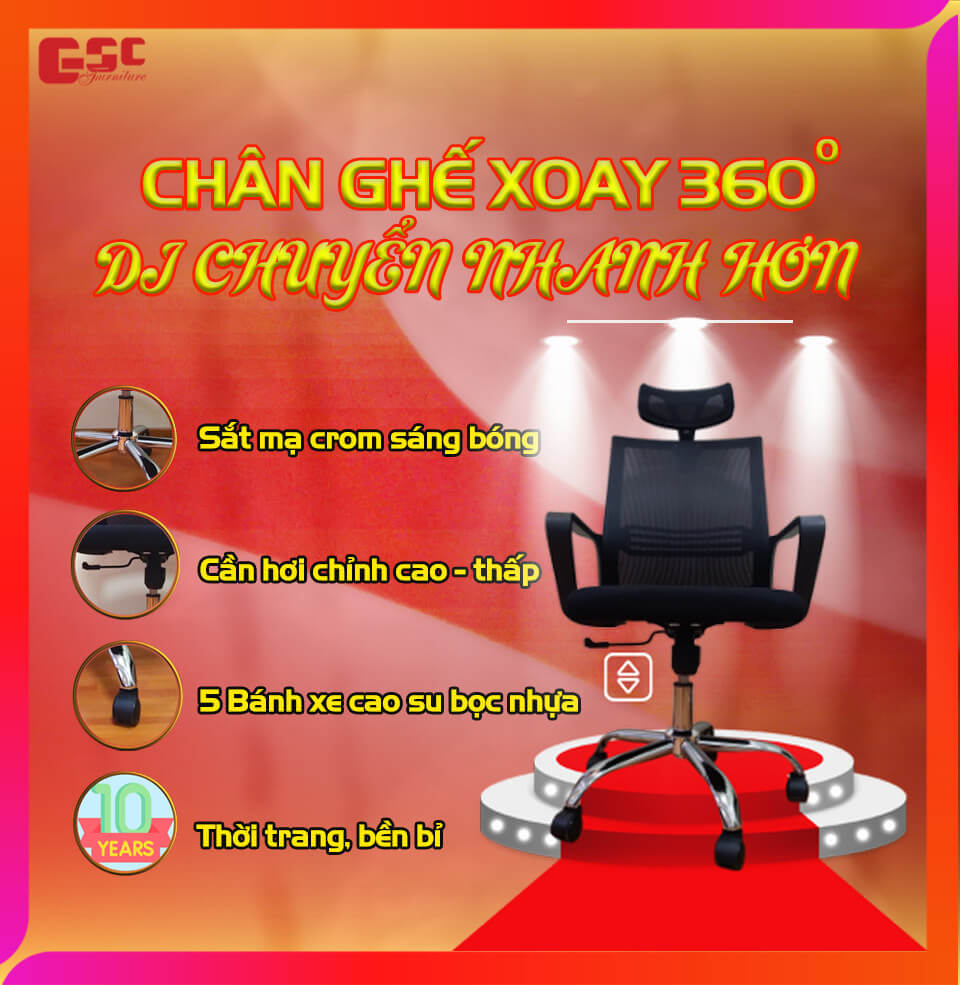 Chân xoay và có bánh xe nên ghế văn phòng di chuyển thuận thiện