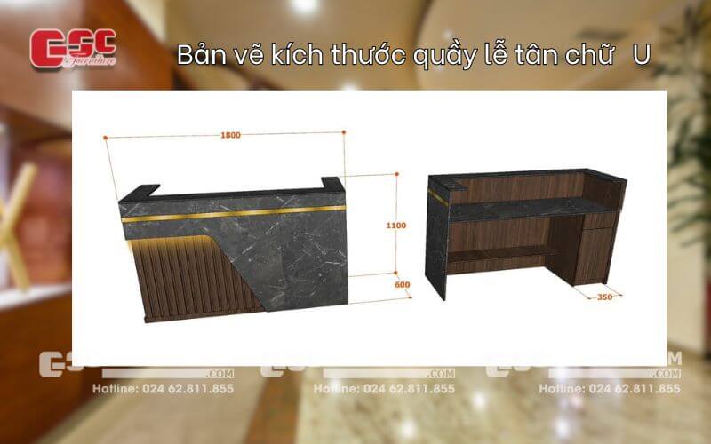 Bản vẽ kích thước quầy lễ tân chữ U