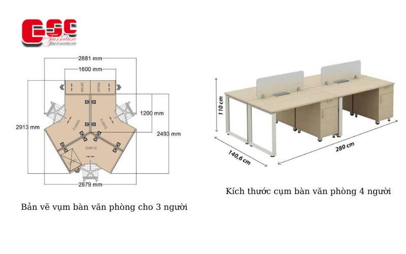 Kích thước cụm bàn văn phòng