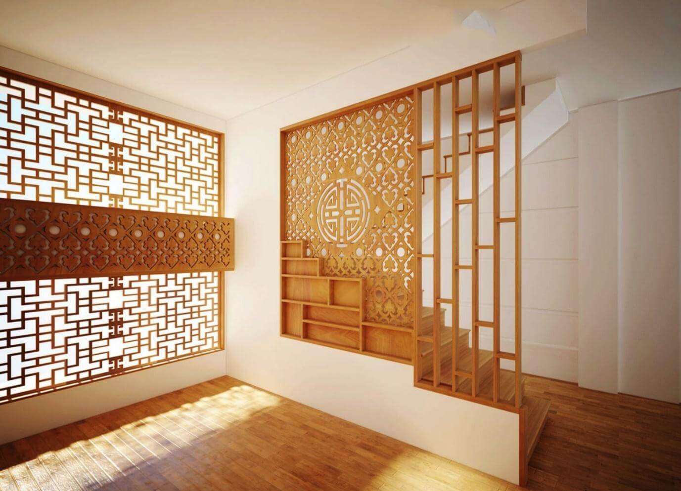 Vách ngăn gỗ tự nhiên để chia phòng khách và cầu thang