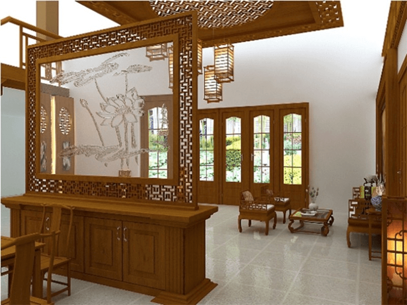 Vách ngăn gỗ phòng khách và bếp theo phong cách cổ điển