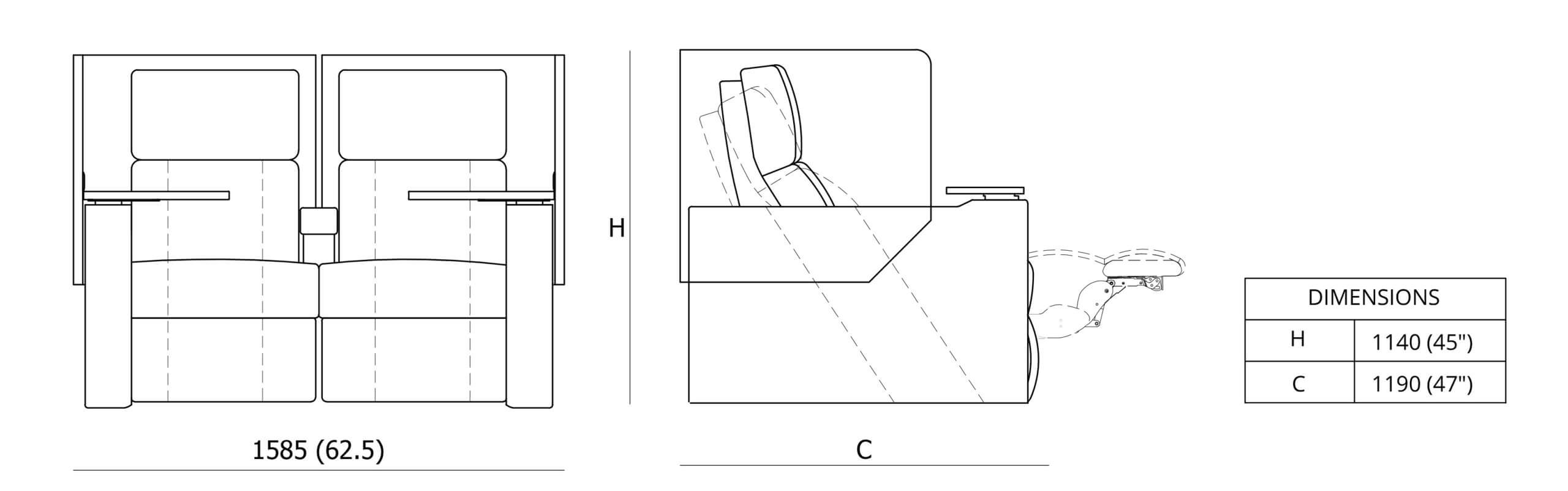 Kích thước Ghế rạp chiếu phim Privata Privacy Panel