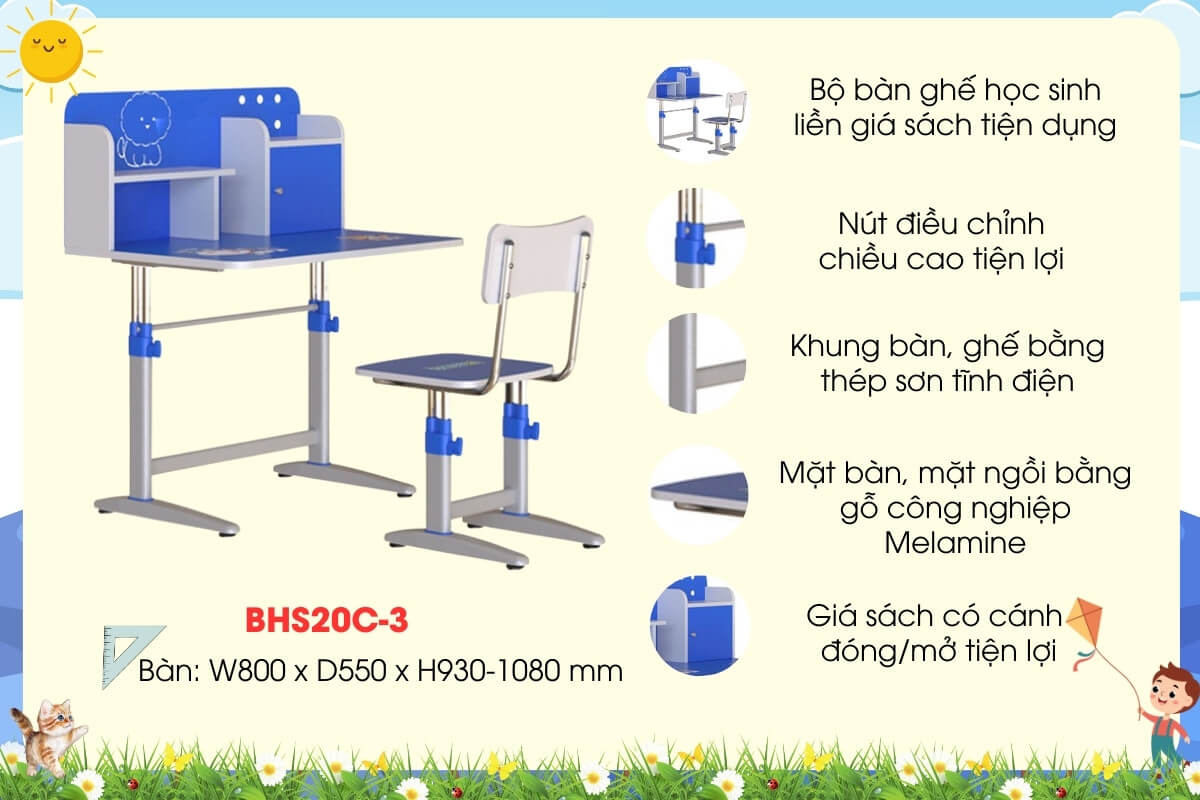 Bàn ghế học sinh BHS20C-3 thương hiệu Hòa Phát