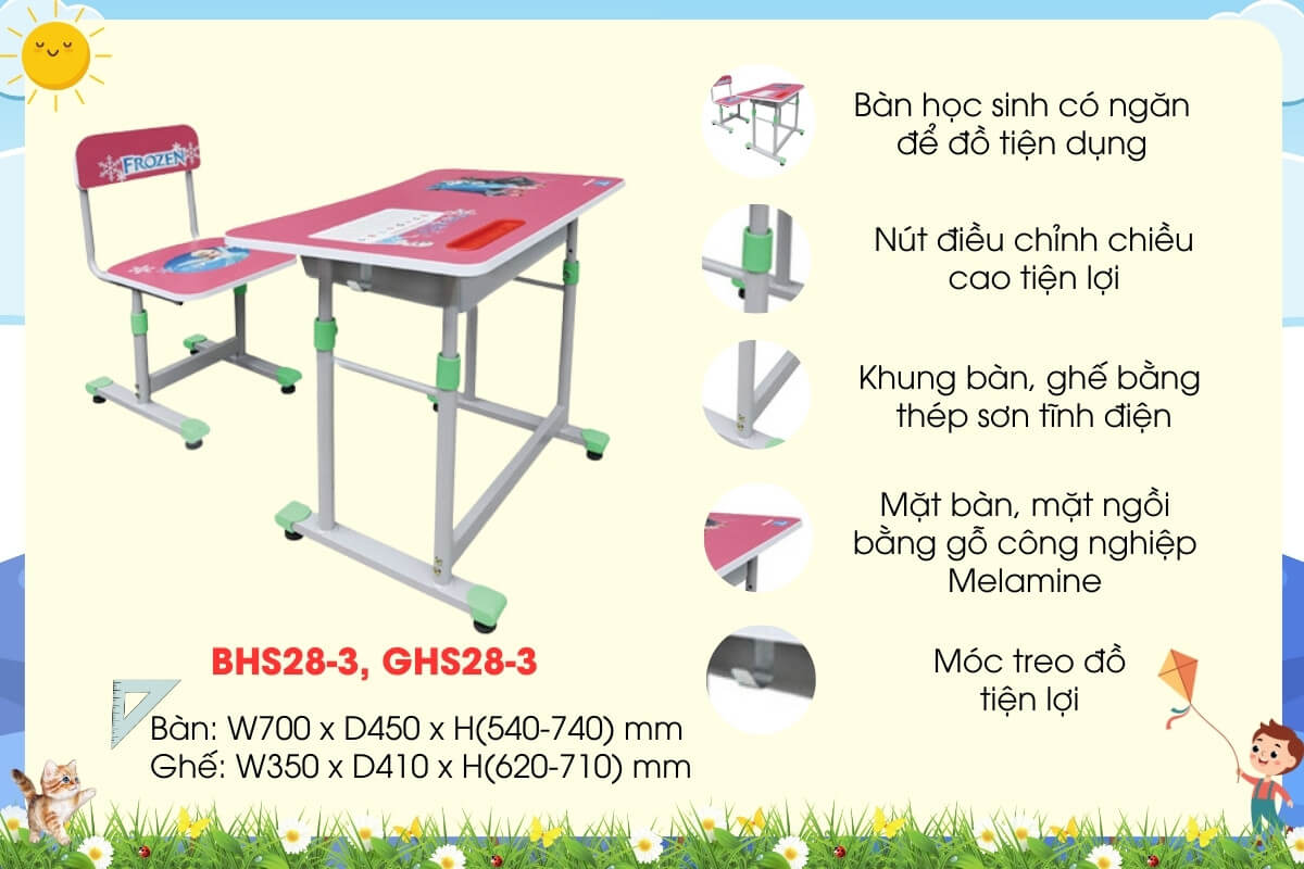 Bàn ghế học sinh Hòa Phát BHS28-3, GHS28-3