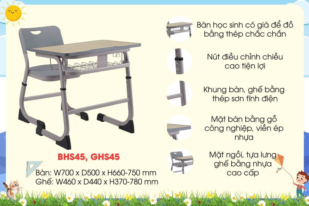 Bàn ghế học sinh cao cấp BHS45, GHS45 thương hiệu Hòa Phát