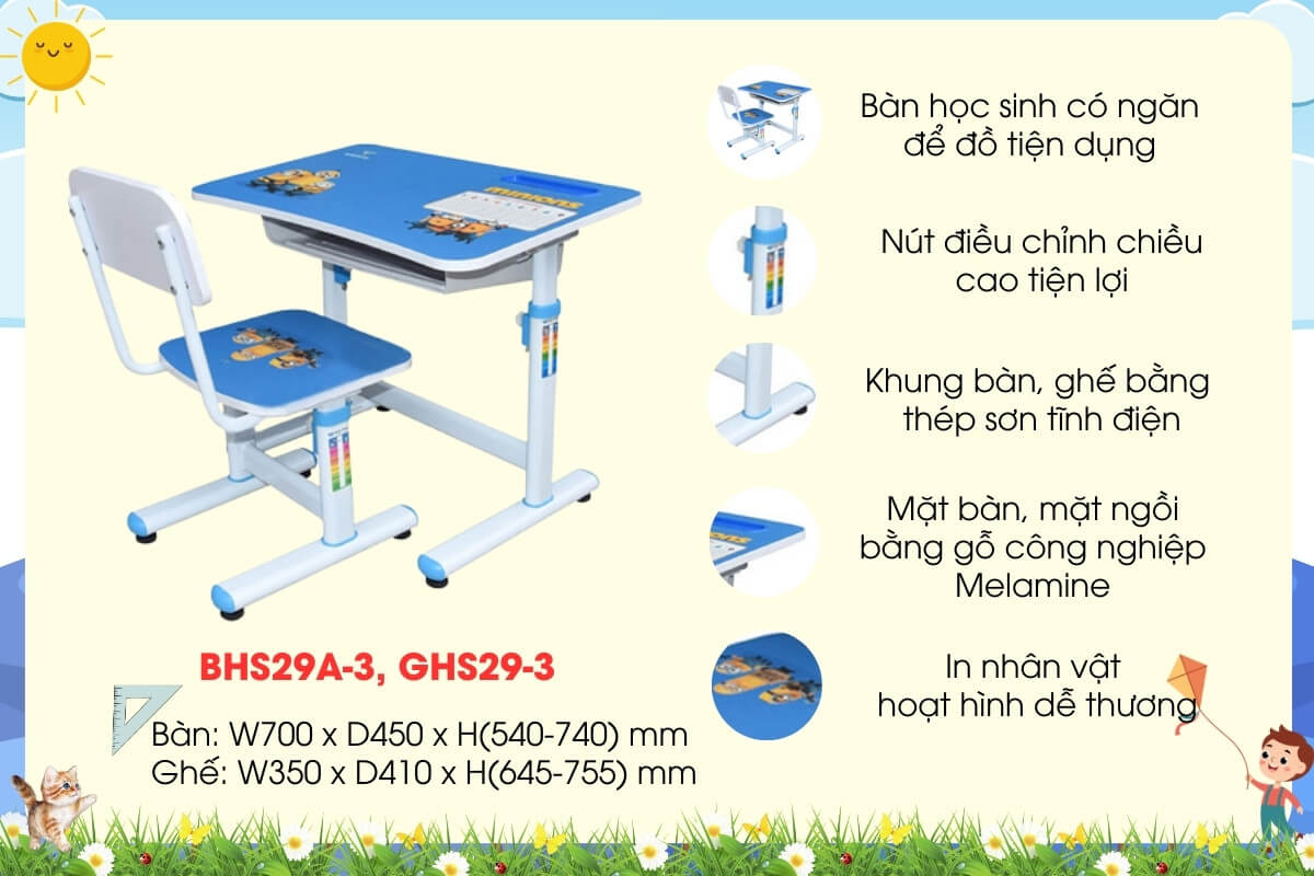 Bộ bàn ghế học sinh BHS29A-3, GHS29-3