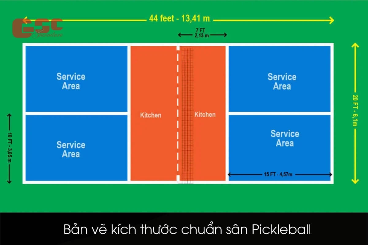 Bản vẽ kích thước chuẩn sân Pickleball
