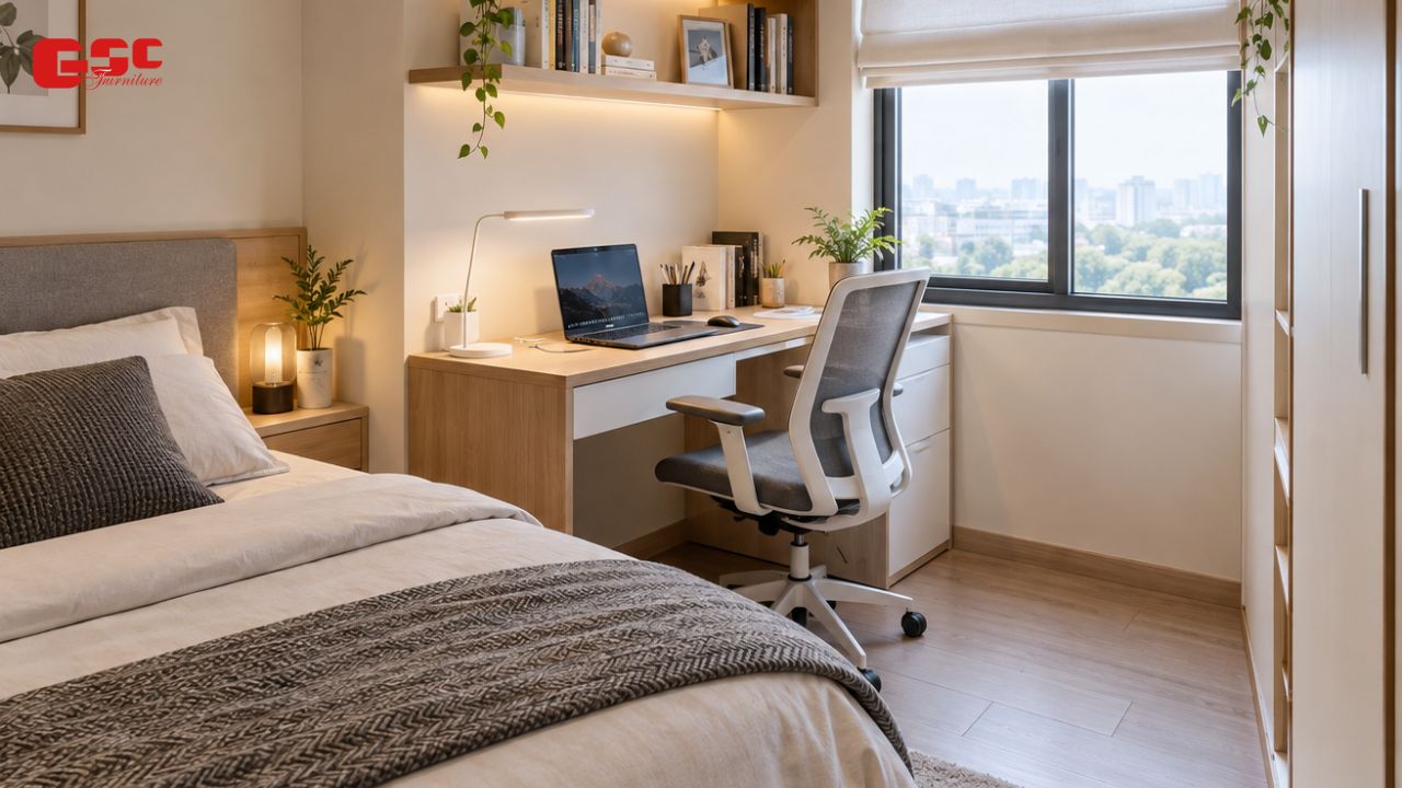 Góc làm việc nhỏ cạnh giường ngủ