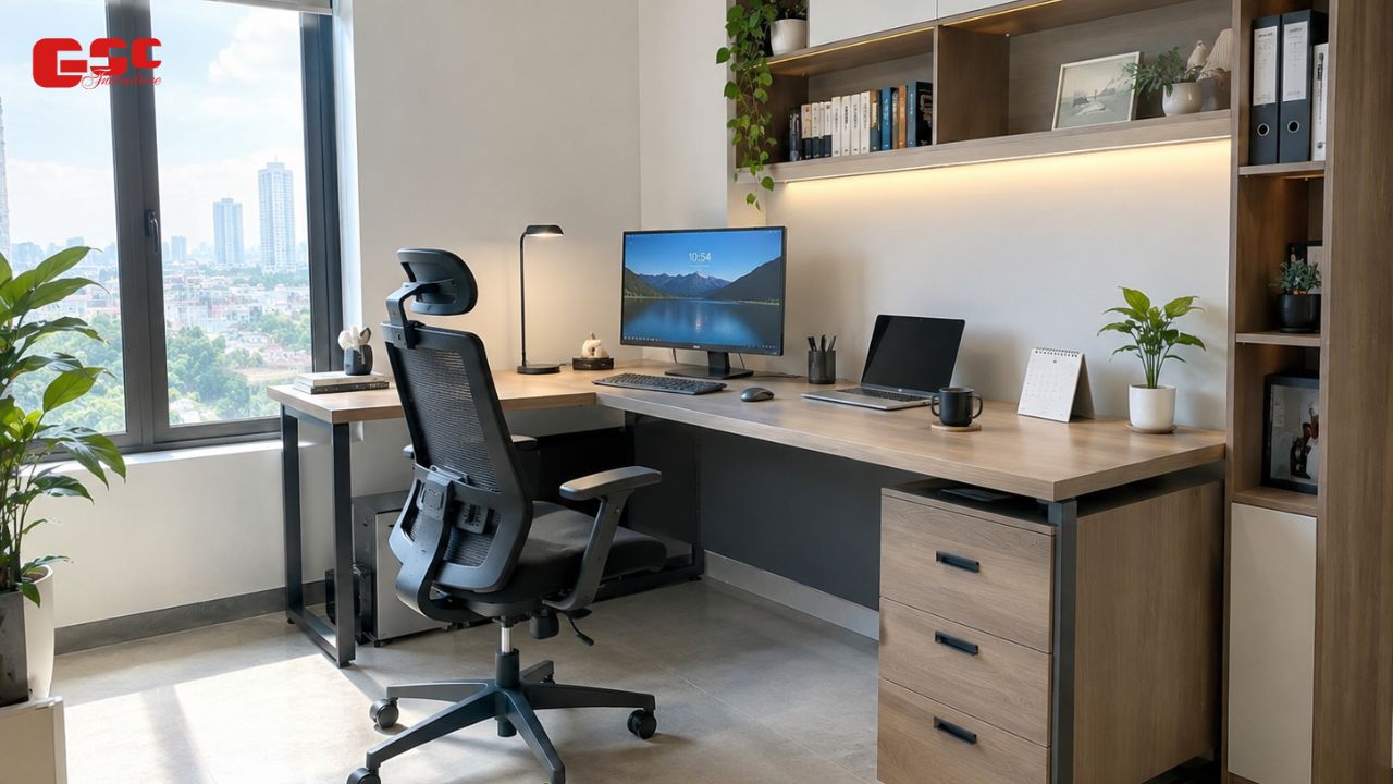 Góc làm việc cho dân freelancer với bàn chữ L rộng rãi, đa năng
