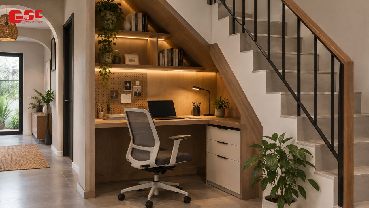 Tận dụng góc nhỏ dưới chân cầu thang làm góc làm việc siêu tiện lợi