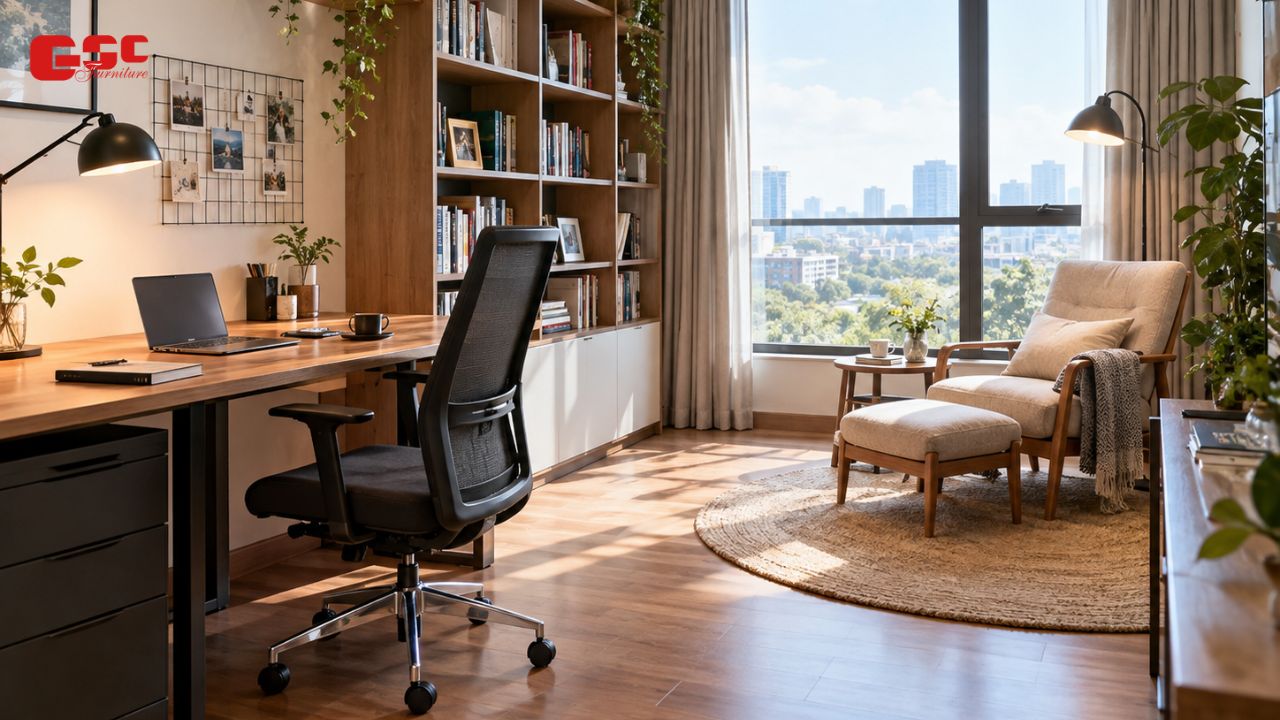 Phòng làm việc tại nhà kết hợp phòng đọc sách