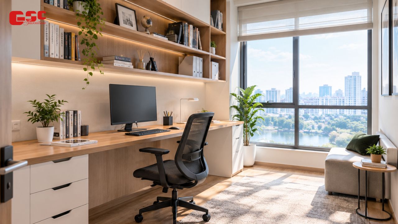 Phòng làm việc rộng rãi kết hợp kệ sách treo tường